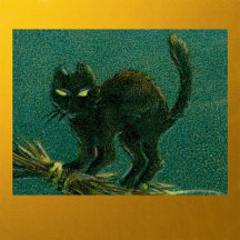 Vintage Black Cat Riding på Broom Halloween