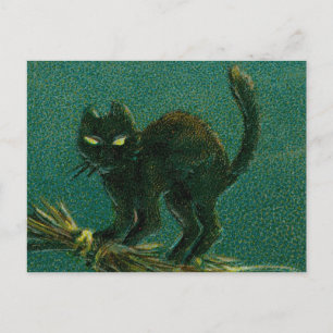 Vintage Black Cat Riding på Broom Halloween Vykort