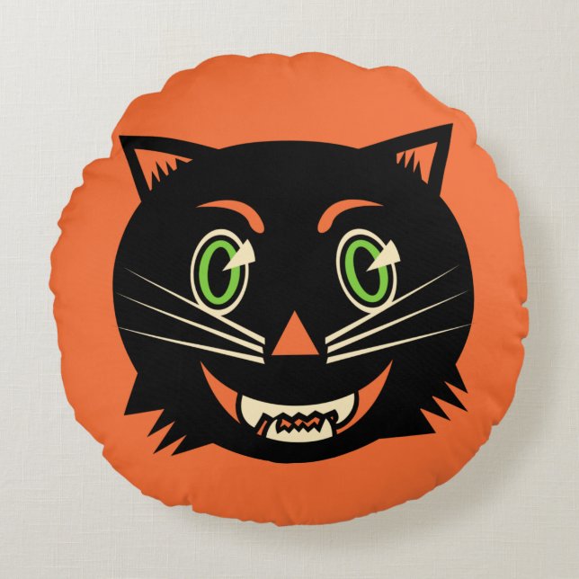 Vintage Black Cat Rund Kudde (Framsidan)
