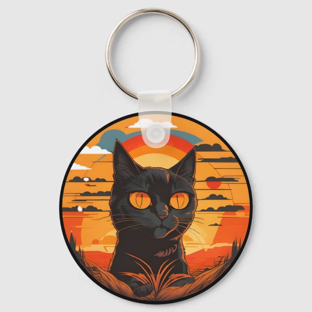 Vintage Black Cat Sunset vid sunset Nyckelring (Framsida)