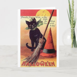 Vintage Black Cat Wish Halloween Greeting Card Kort