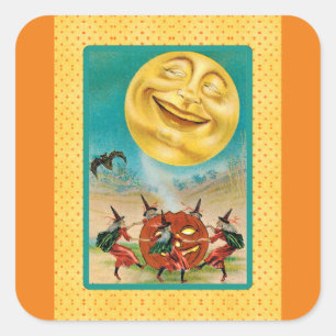Vintage Black Cat Witch Halloween Sticker Fyrkantigt Klistermärke