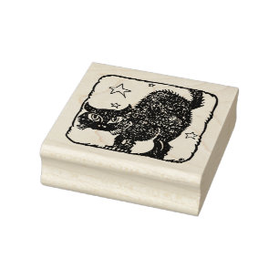VINTAGE BLACK CAT Wood Art Frimärke Stämpel