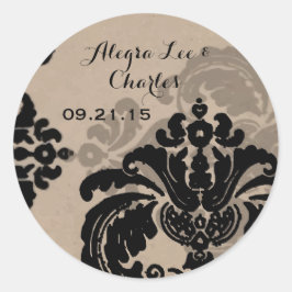 Vintage Black Damask Brown Papper Bröllop Sticker Runt Klistermärke