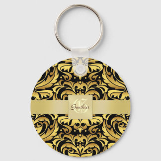 Vintage Black Damask Guld Monogram Keychain Nyckelring