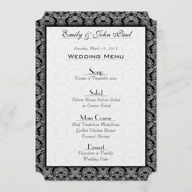 Vintage Black Damask Wedding Menu Meny (Baksida)