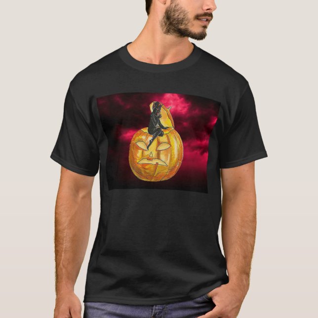 Vintage Black Djävulen på Jack o'Lantern Tee Shirt (Framsida)