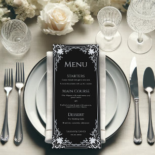 Vintage Black Elegant Ornate Monochrome Bröllop Meny