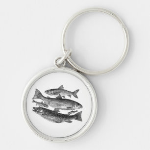 Vintage Black Fish Keychain Rund Silverfärgad Nyckelring