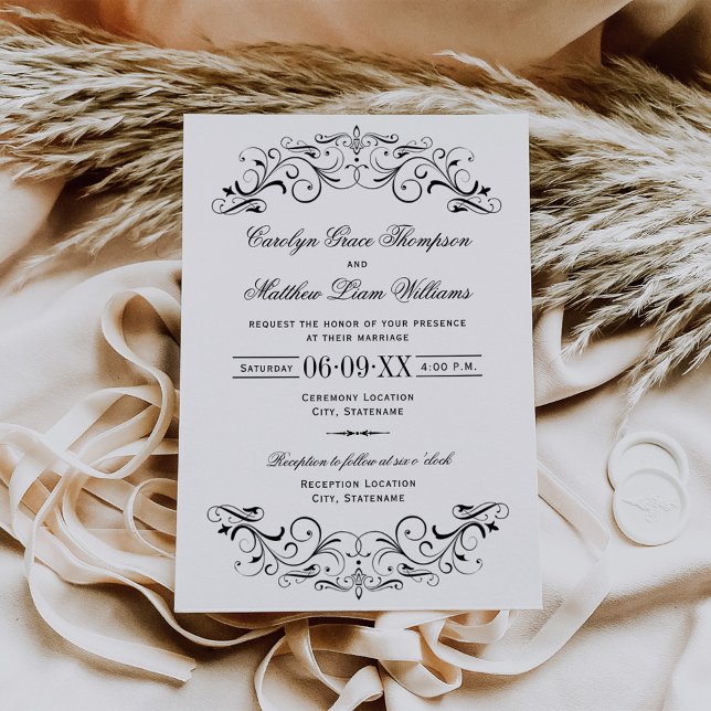 Vintage Black Flourish White Bröllop Inbjudningar (Skapare uppladdad)