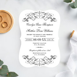 Vintage Black Flourish White Bröllop Inbjudningar