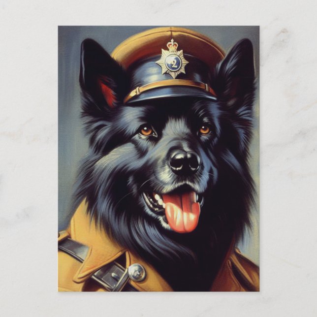 Vintage Black German Shepherd Painting Vykort (Framsida)