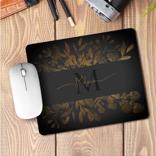Vintage Black Grått & Guld glitter blommigt Monogr Musmatta