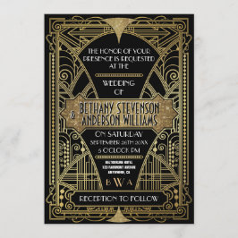 Vintage Black & Guld Art Deco-bröllop Inbjudningar