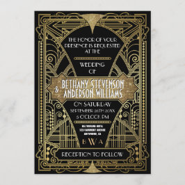 Vintage Black & Guld Art Deco-bröllop Inbjudningar