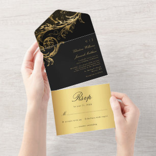 Vintage Black Guld Damask Calligraphy Bröllop