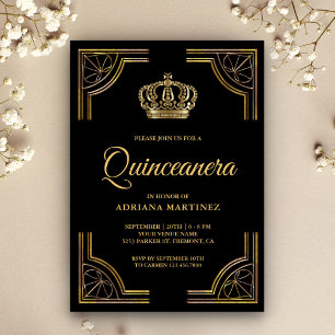 Vintage Black Guld Ornate Krona Quinceanera Inbjudningar