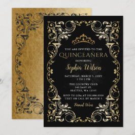 Vintage Black Guld Princess Tiara Quinceañera Inbjudningar