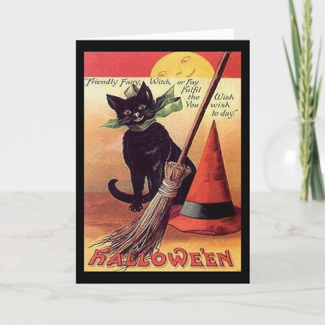 Vintage Black Halloween Cat Kort (Framsida)