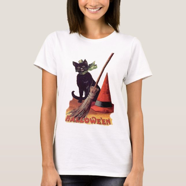 Vintage Black Halloween Cat Tee Shirt (Framsida)