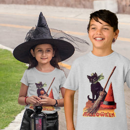 Vintage Black Halloween Cat Witch Hat Broom Kids' Tröja