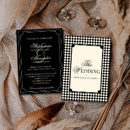 Vintage Black Ivory Checkered Old Money Wedding Inbjudningar