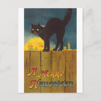 Vintage Black-katt på ett stängsel Halloween-kort Vykort