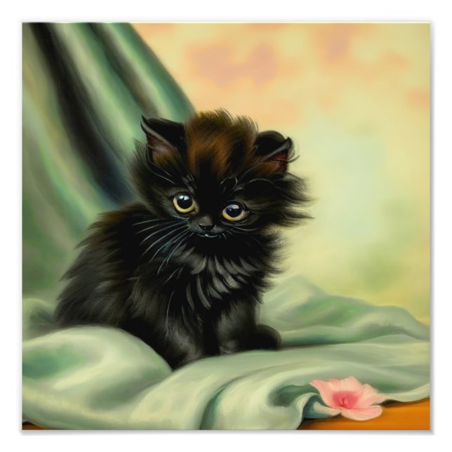 Vintage Black Kitten Illustration Fototryck (Framsidan)