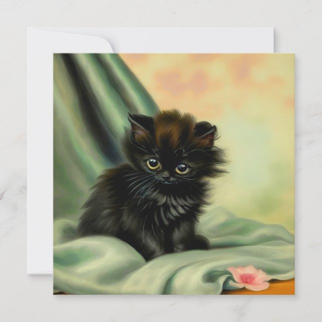 Vintage Black Kitten Illustration Inbjudningar (Framsida)