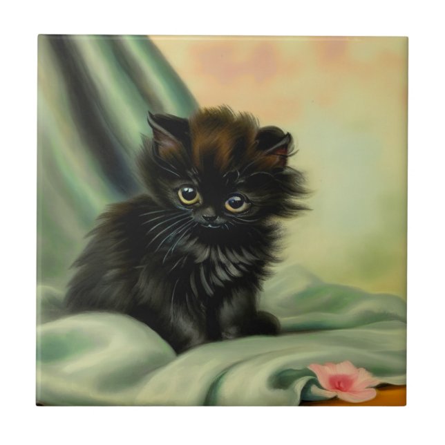 Vintage Black Kitten Illustration Kakelplatta (Framsidan)