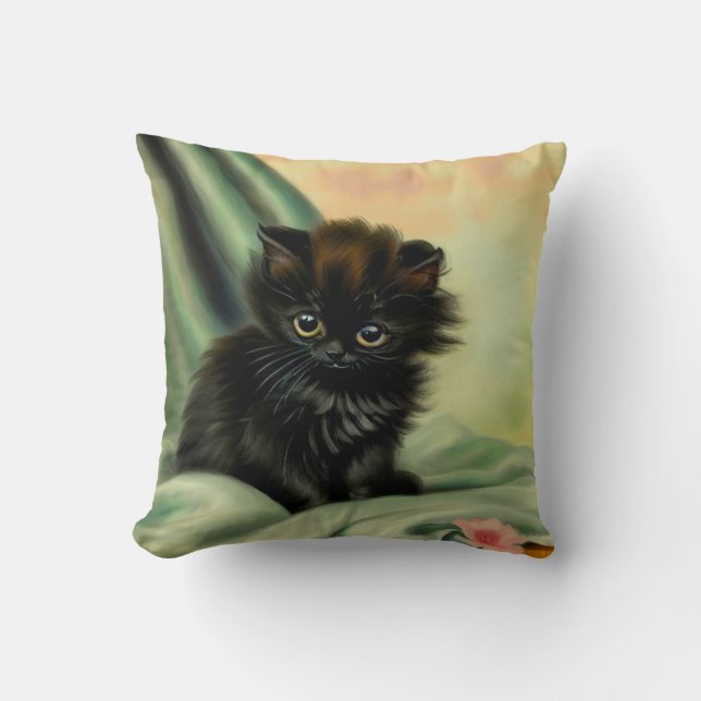 Vintage Black Kitten Illustration Kudde (Framsida)
