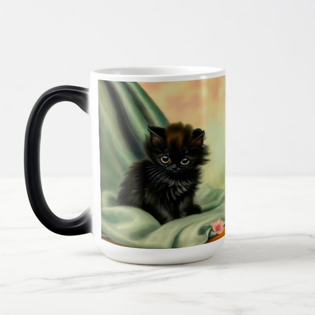 Vintage Black Kitten Illustration Magisk Mugg (Vänster)