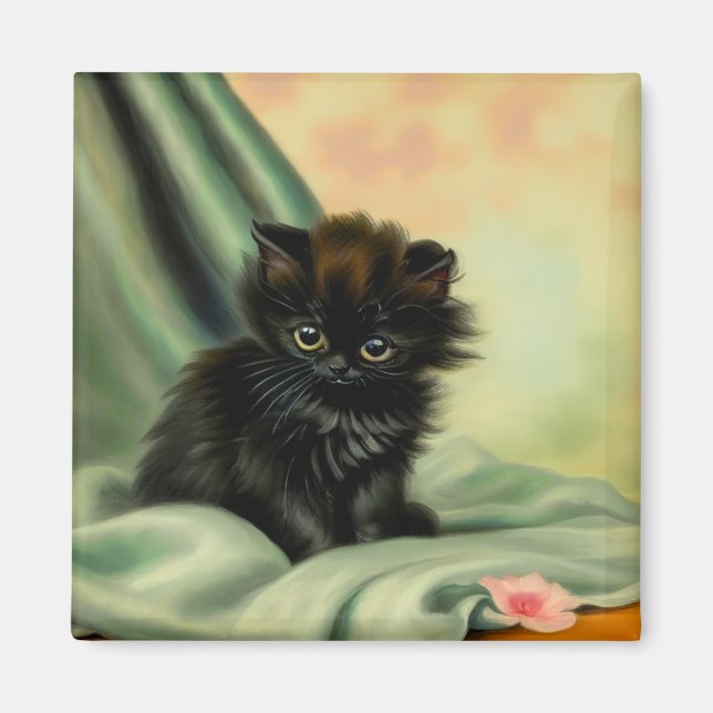 Vintage Black Kitten Illustration Magnet (Framsidan)
