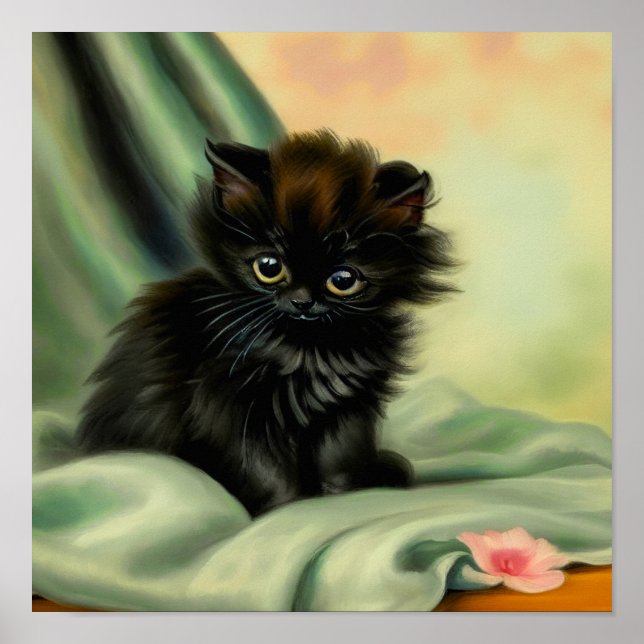 Vintage Black Kitten Illustration Poster (Framsidan)