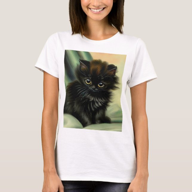 Vintage Black Kitten Illustration T Shirt (Framsida)