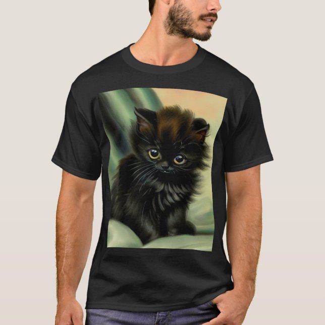 Vintage Black Kitten Illustration T Shirt (Framsida)