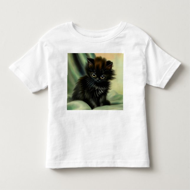 Vintage Black Kitten Illustration T Shirt (Framsida)