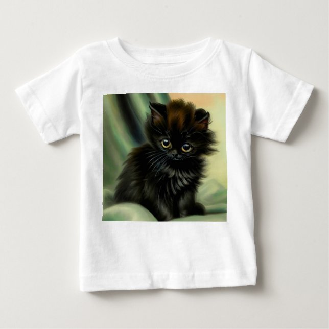 Vintage Black Kitten Illustration T Shirt (Framsida)