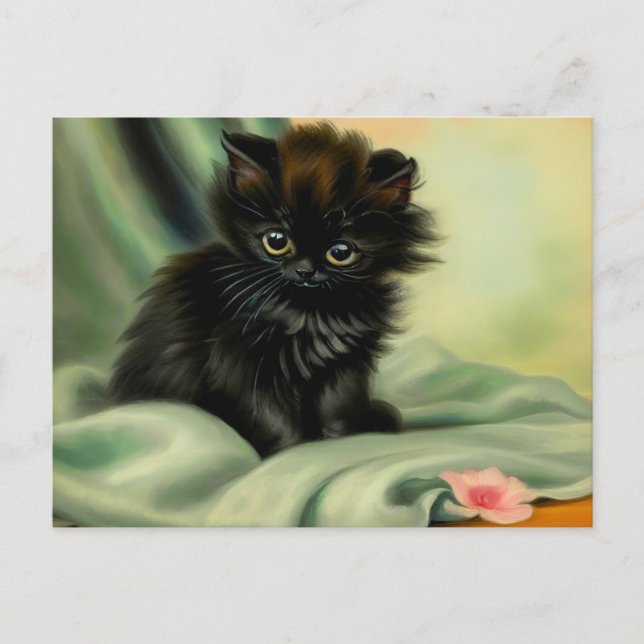 Vintage Black Kitten Illustration Vykort (Framsida)