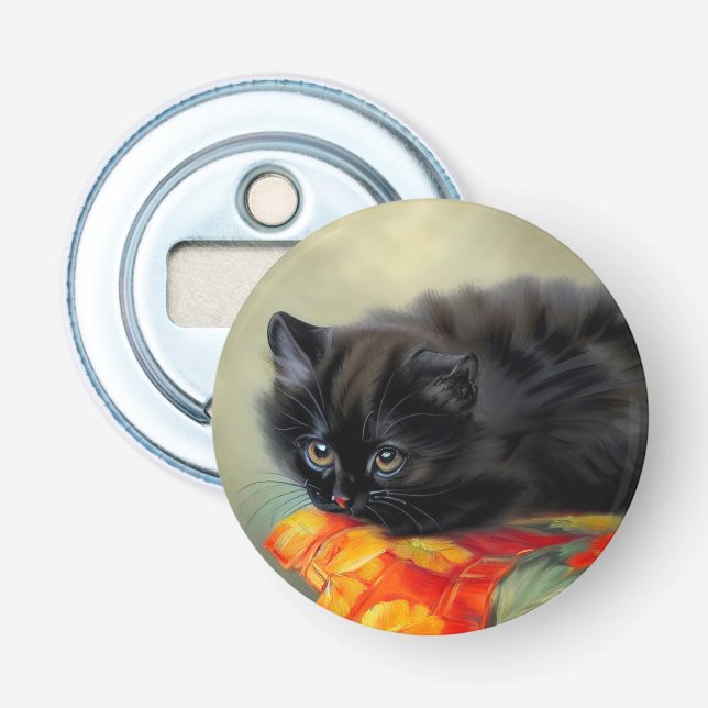 Vintage Black Kitten med Red Flower Blanket Flasköppnare (Framsidan)