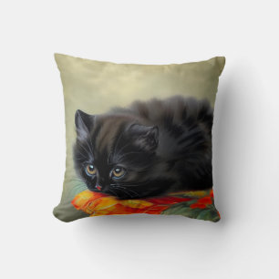 Vintage Black Kitten med Red Flower Blanket Kudde