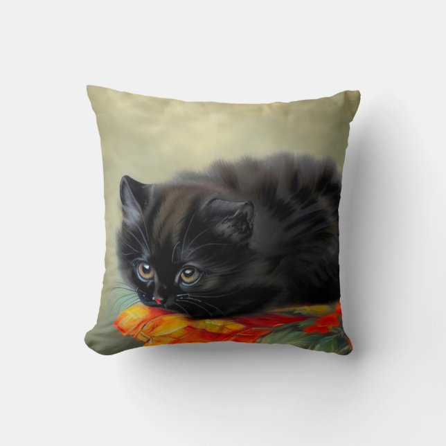 Vintage Black Kitten med Red Flower Blanket Kudde (Framsida)