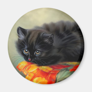 Vintage Black Kitten med Red Flower Blanket Magnet