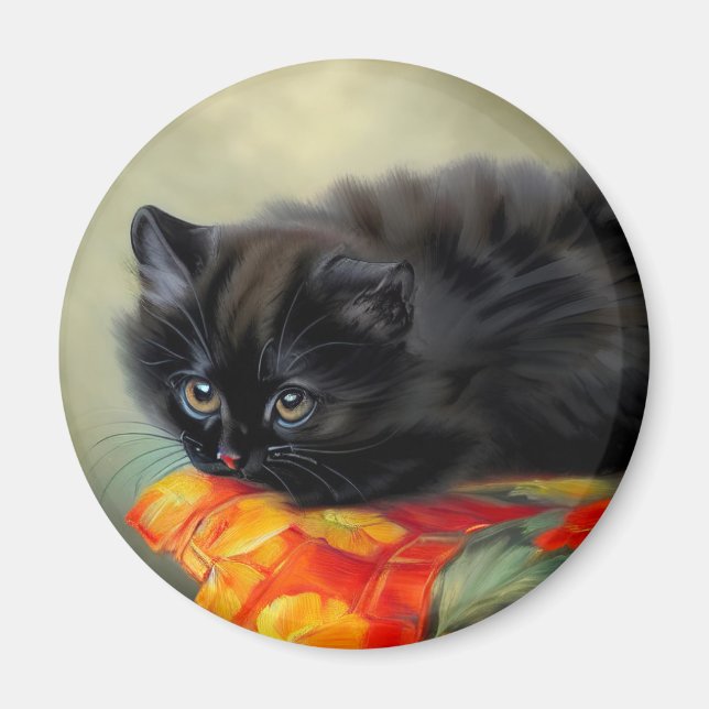 Vintage Black Kitten med Red Flower Blanket Magnet (Framsidan)