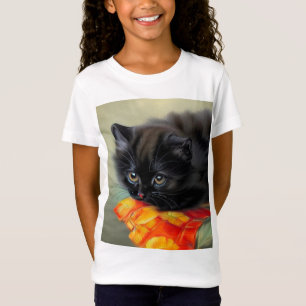 Vintage Black Kitten med Red Flower Blanket T Shirt