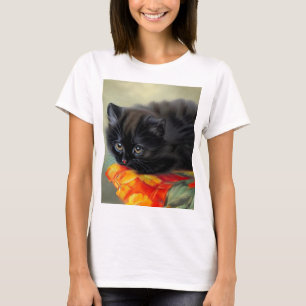 Vintage Black Kitten med Red Flower Blanket T Shirt
