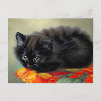 Vintage Black Kitten med Red Flower Blanket Vykort