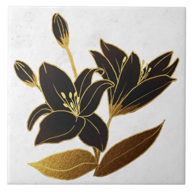 Vintage Black Lily Ceramic Tile Kakelplatta (Framsidan)