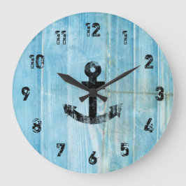 Vintage Black Nautical Anchor på Rustic Blue Wood Stor Klocka