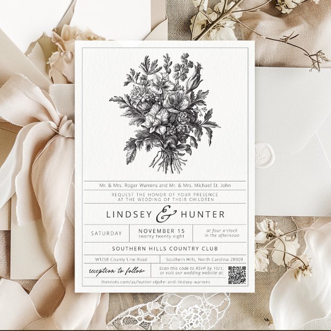 Vintage Black och Ecru Botaniska Blommigten Bröllo Inbjudningar (VIntage floral bouquet black and white wildflower simple label elegant QR code wedding invitation)